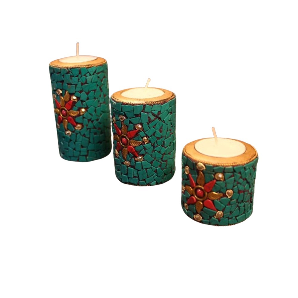 Set of 3 Wooden Stone Tealight Candle Holder Piller Candle for Home Diwali Decoration